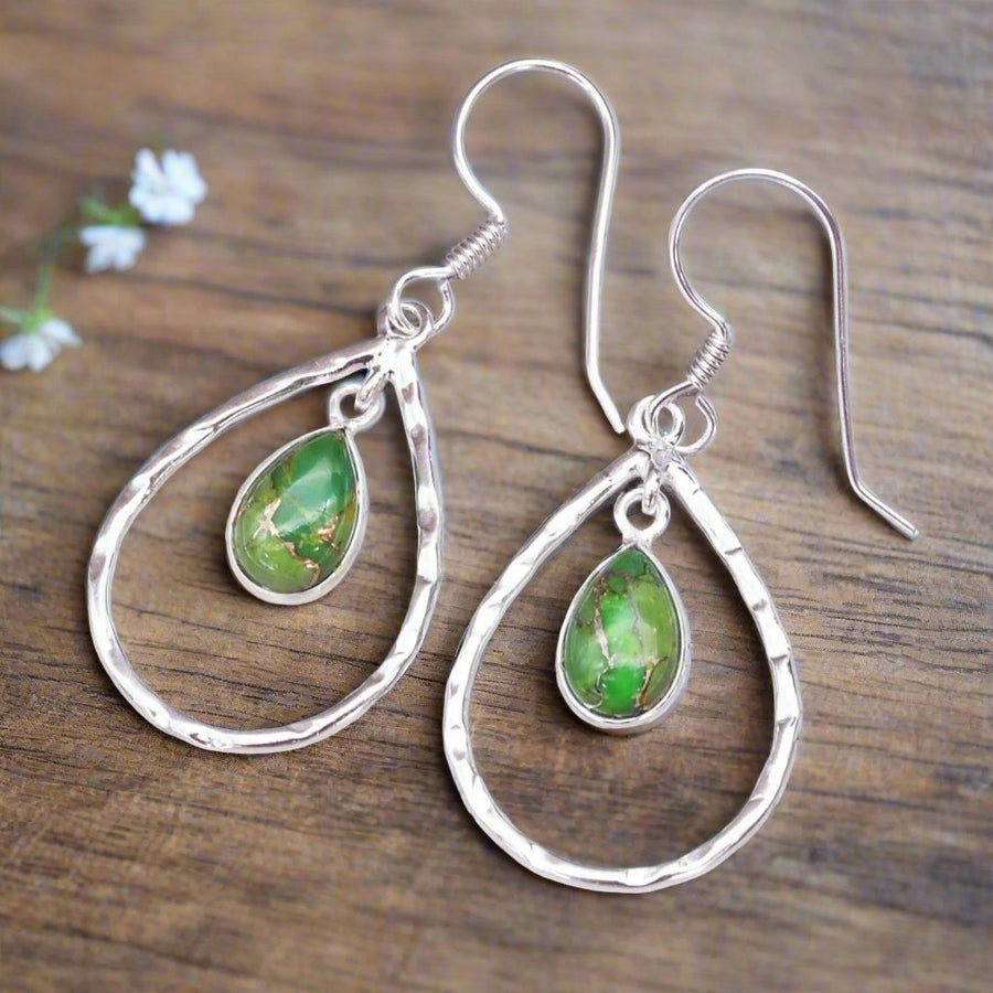 Hammered Teardrop Green Turquoise Earrings - womens boho jewellery by Australian jewellery brands online indie and harper