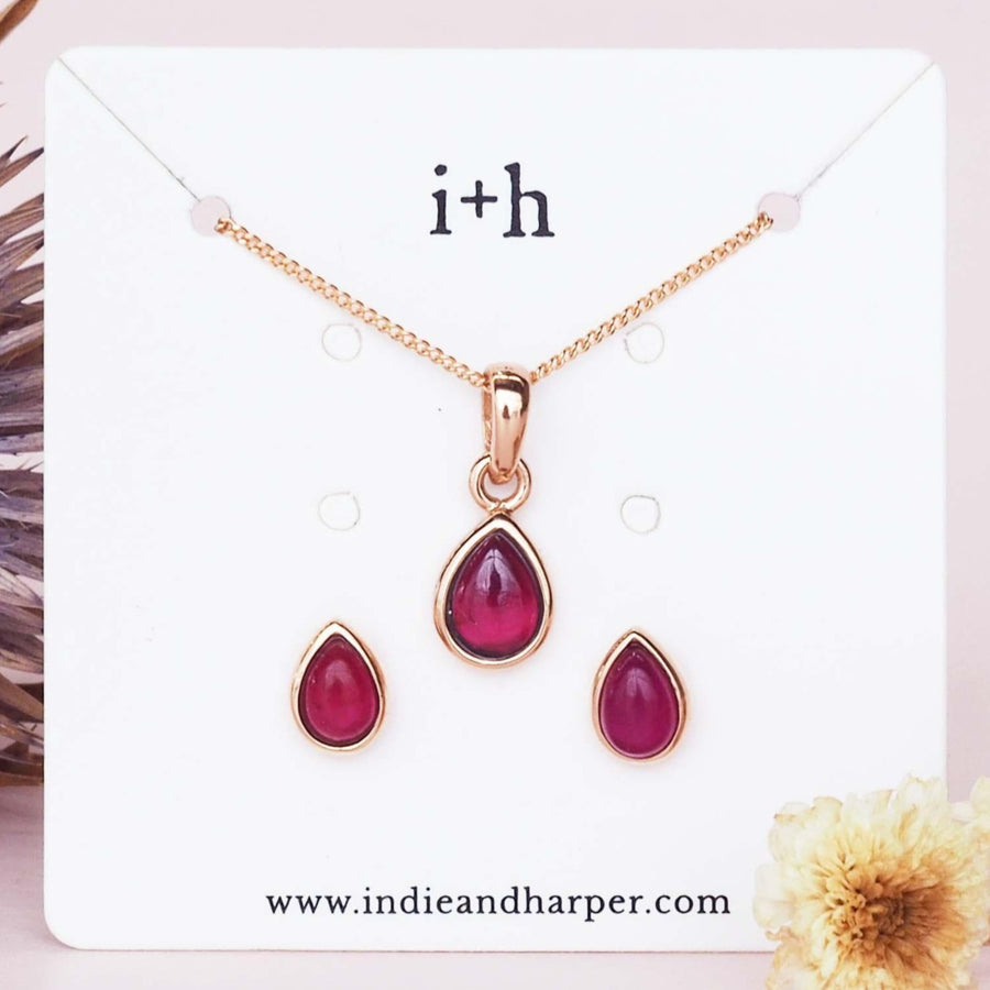 January Birthstone Garnet Necklace and Garnet Earrings - gold jewellery by australian jewellery brand indie and harper