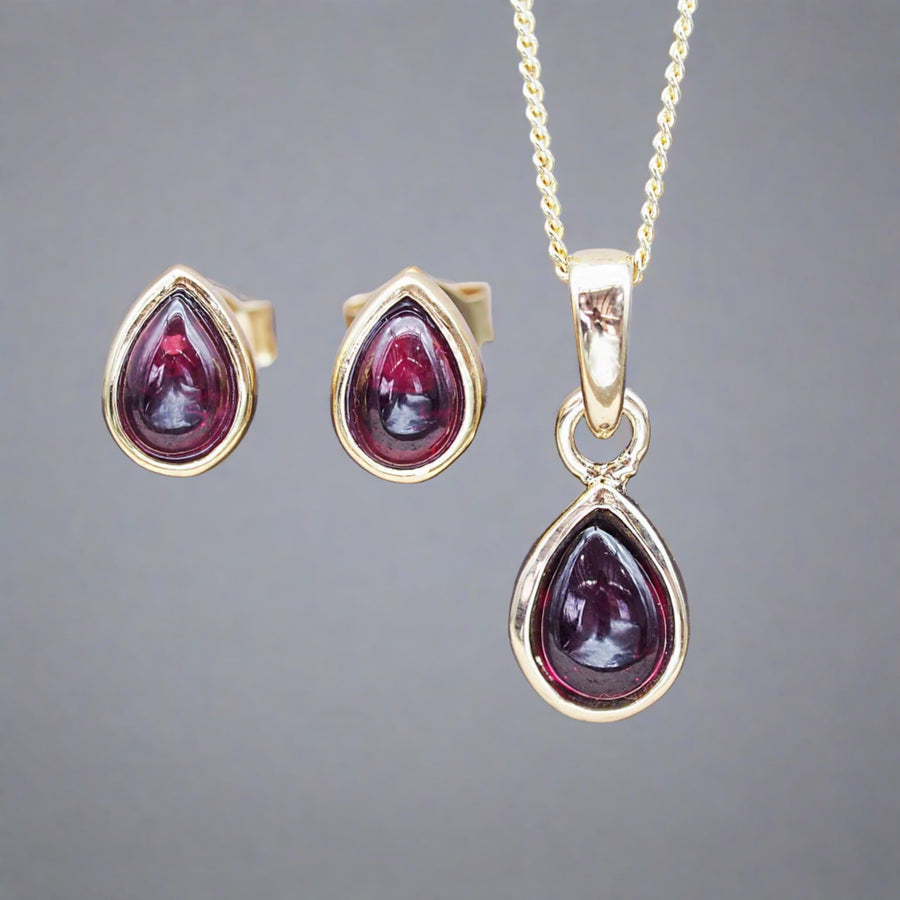 January Birthstone Garnet earrings and garnet necklace - Gold jewellery by australian jewellery brand indie and harper