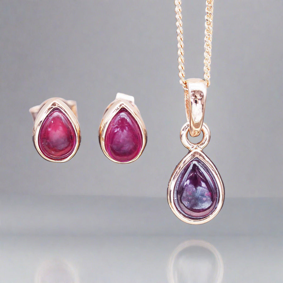 January Birthstone Garnet earrings and garnet necklace - rose gold jewellery by australian jewellery brand indie and harper