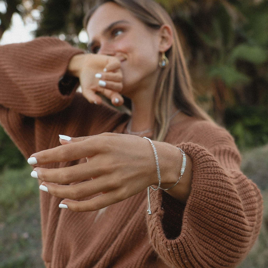 Labradorite beaded Bracelets being worn - womens jewellery by Australian jewellery brands indie and harper