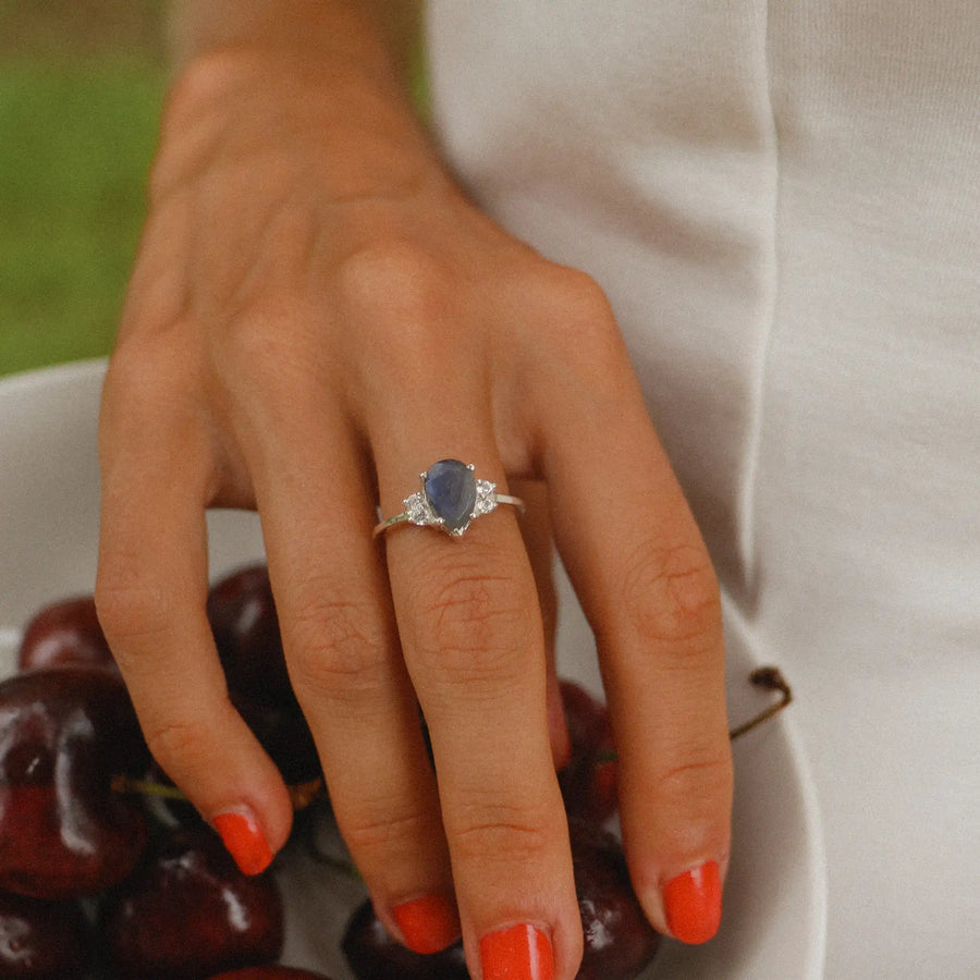 woman with red nails wearing labradorite ring - womens gemstone jewellery by australian jewellery brands indie and Harper