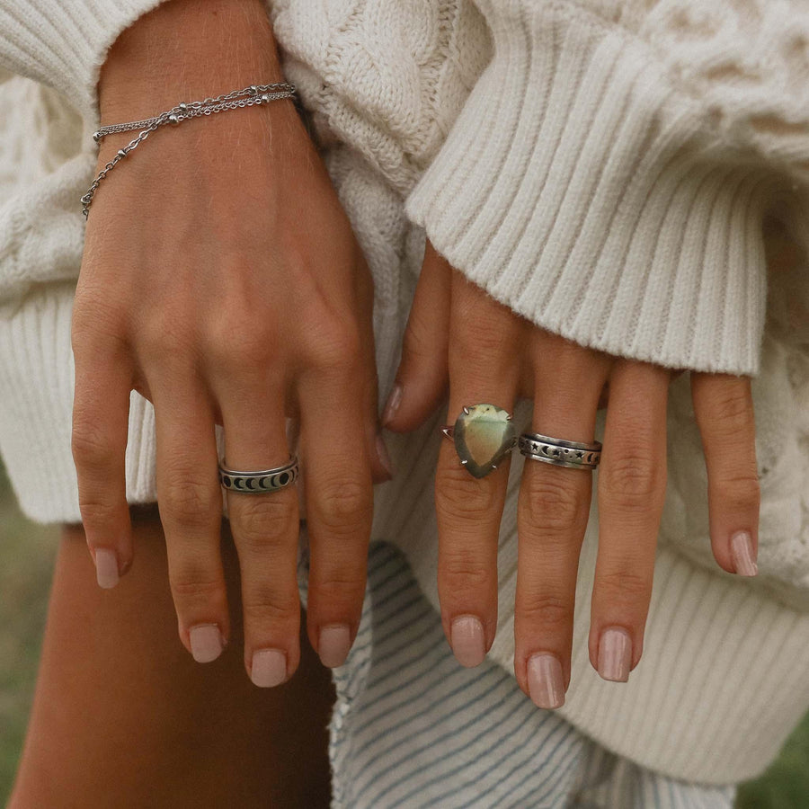 women wearing labradorite ring and silver rings - womens boho jewellery by Australian jewellery brands indie and harper