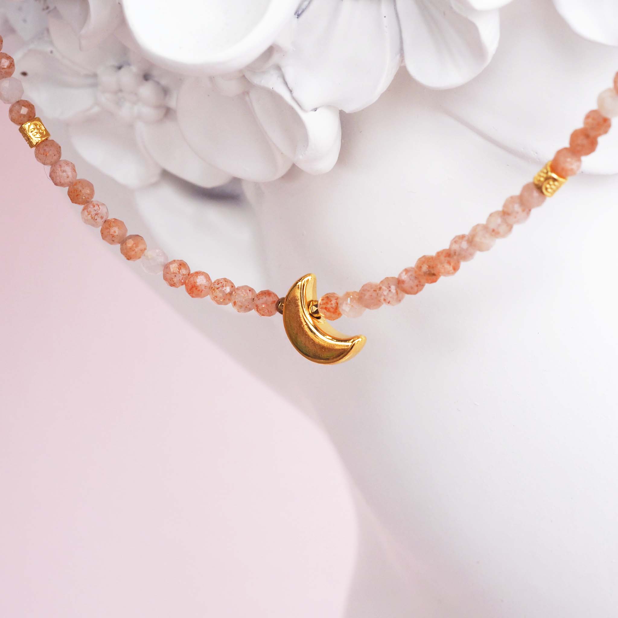 sunstone beaded necklace with a gold moon charm - womens beaded jewellery by Australian jewellery brands indie and harper