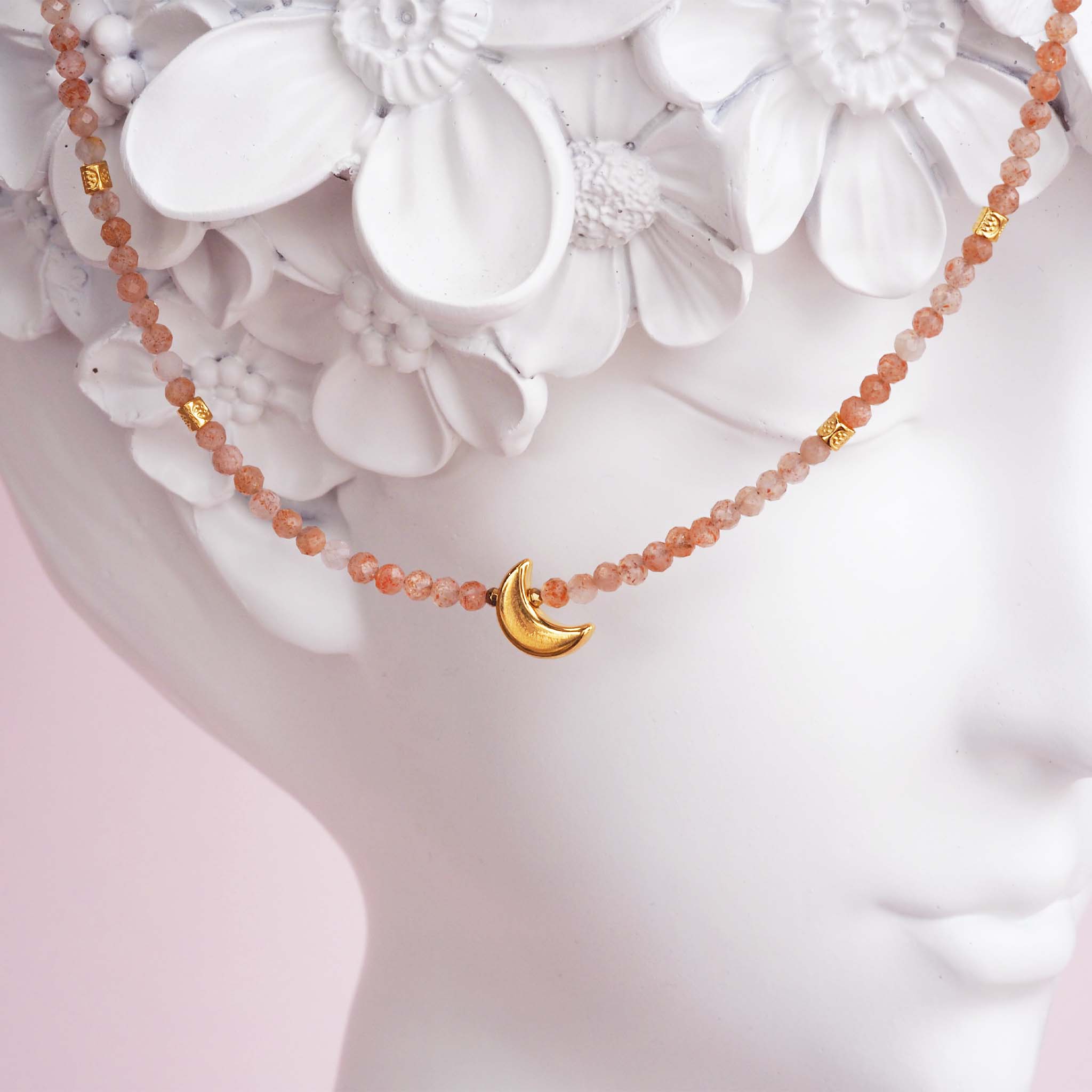 sunstone beaded necklace with a gold moon charm - womens beaded jewellery by Australian jewellery brands indie and harper