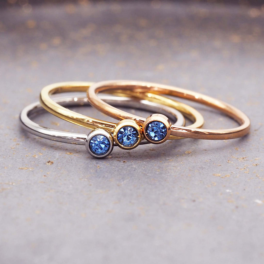 March birthstone rings in silver, gold and rose gold - waterproof jewellery by Australian jewellery brands indie and Harper 