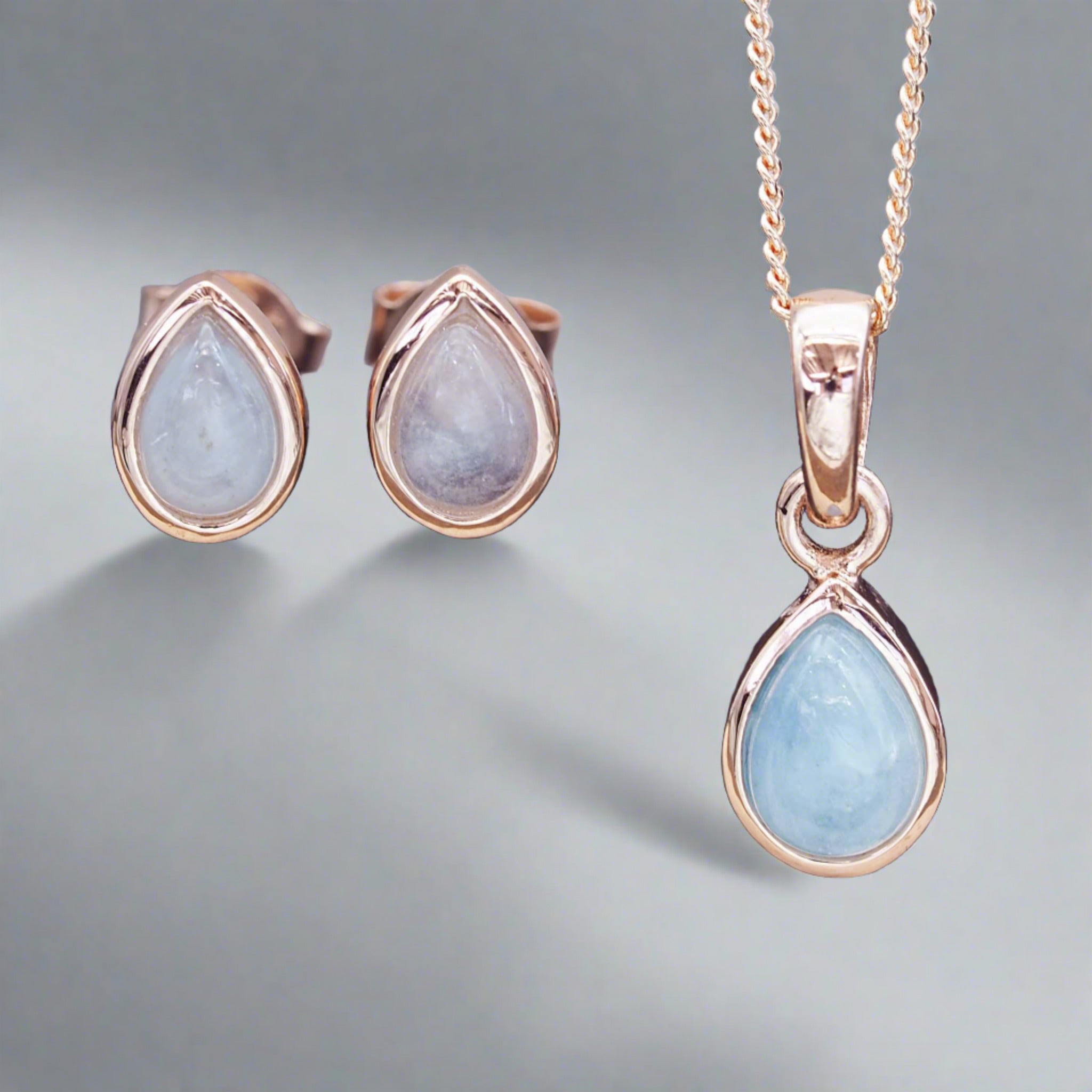 March Birthstone jewellery set - rose gold aquamarine earrings and aquamarine necklace - aquamarine jewellery by australian jewellery brands indie and harper