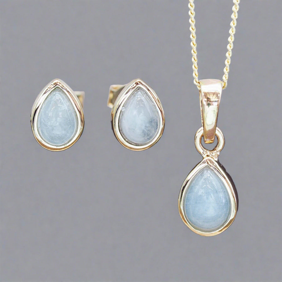 March Birthstone jewellery set - gold aquamarine earrings and aquamarine necklace - aquamarine jewellery by australian jewellery brands indie and harper