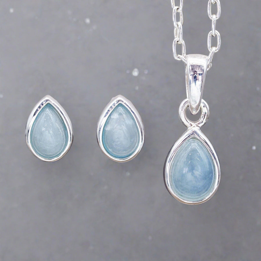 March Birthstone Jewellery set - sterling silver aquamarine earrings and aquamarine necklace - aquamarine jewellery by australian jewellery brands indie and harper