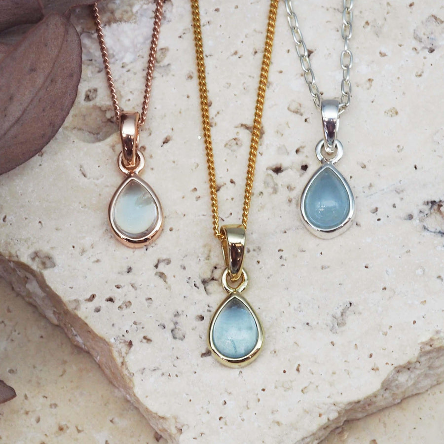 March Birthstone necklaces - rose gold, gold and sterling silver aquamarine necklaces - march birthstone jewellery by australian jewellery brands indie and harper