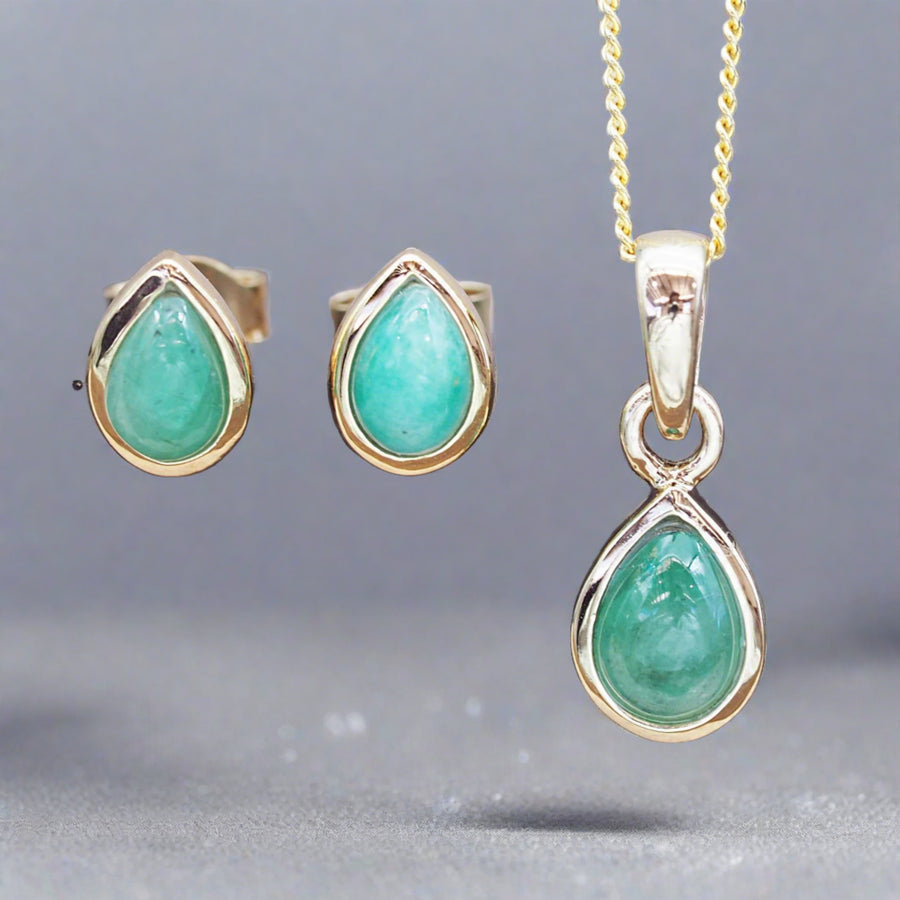 May Birthstone emerald earrings and emerald necklace - gold jewellery by australian jewellery brand indie and Harper