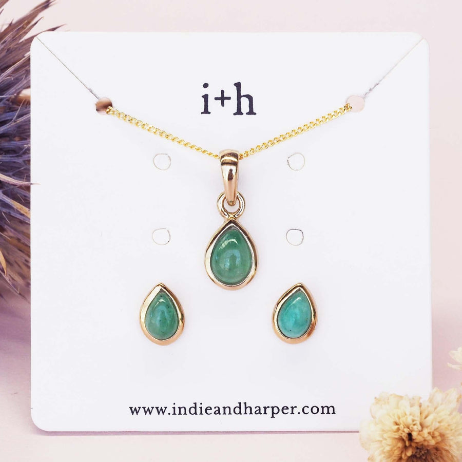 May Birthstone Emerald earrings and Emerald necklace - Gold Jewellery by Australian Jewellery Brand indie and Harper