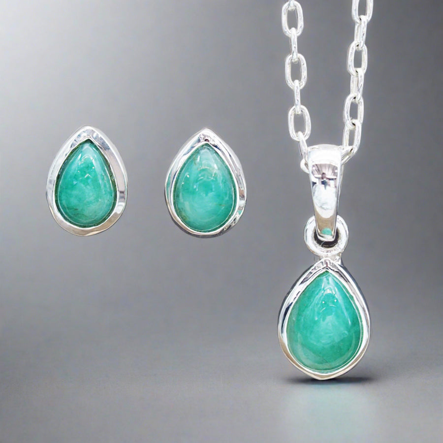 May Birthstone emerald earrings and emerald necklace - womens jewellery by australian jewellery brand indie and harper