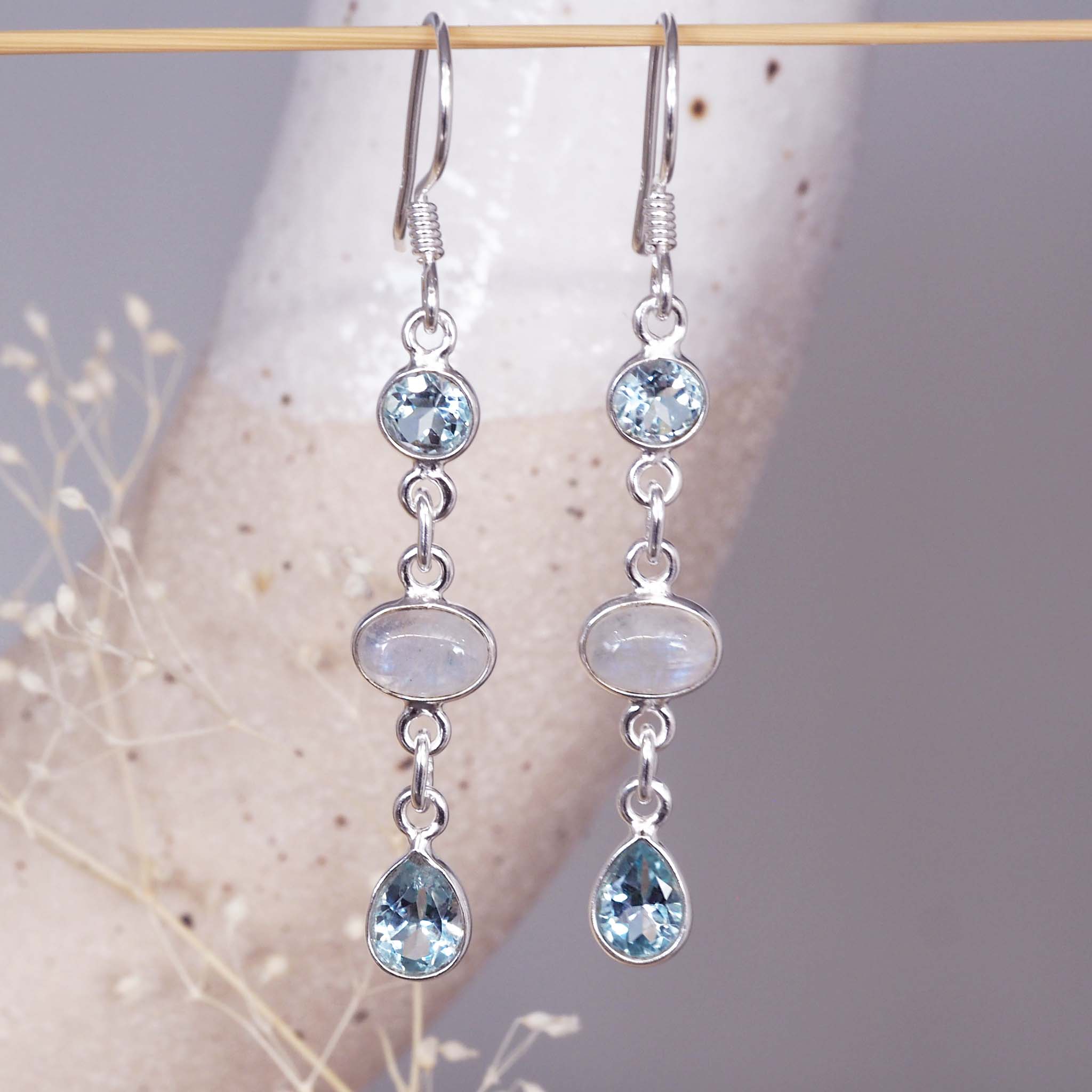 moonstone and blue topaz earrings - blue topaz jewellery by women’s online jewelry brands indie and harper