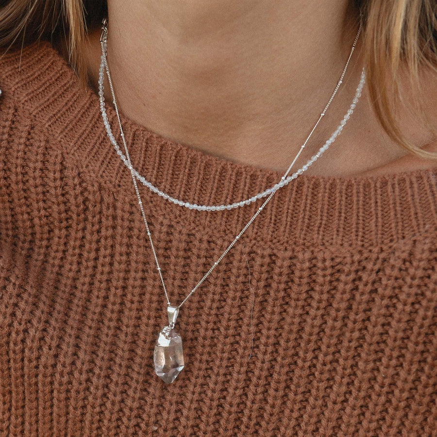 Woman wearing moonstone Beaded necklace - womens moonstone jewellery by Australian jewellery brands indie and harper 