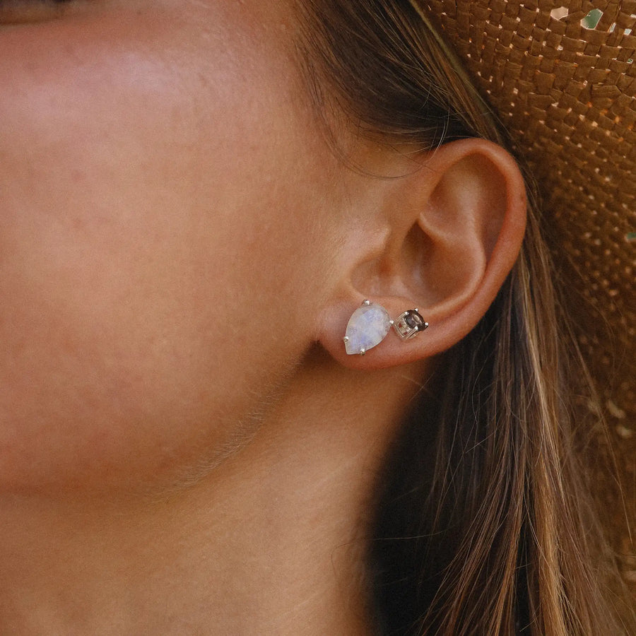 classic moonstone earrings being worn - moonstone jewellery by Australian jewellery brands indie and harper