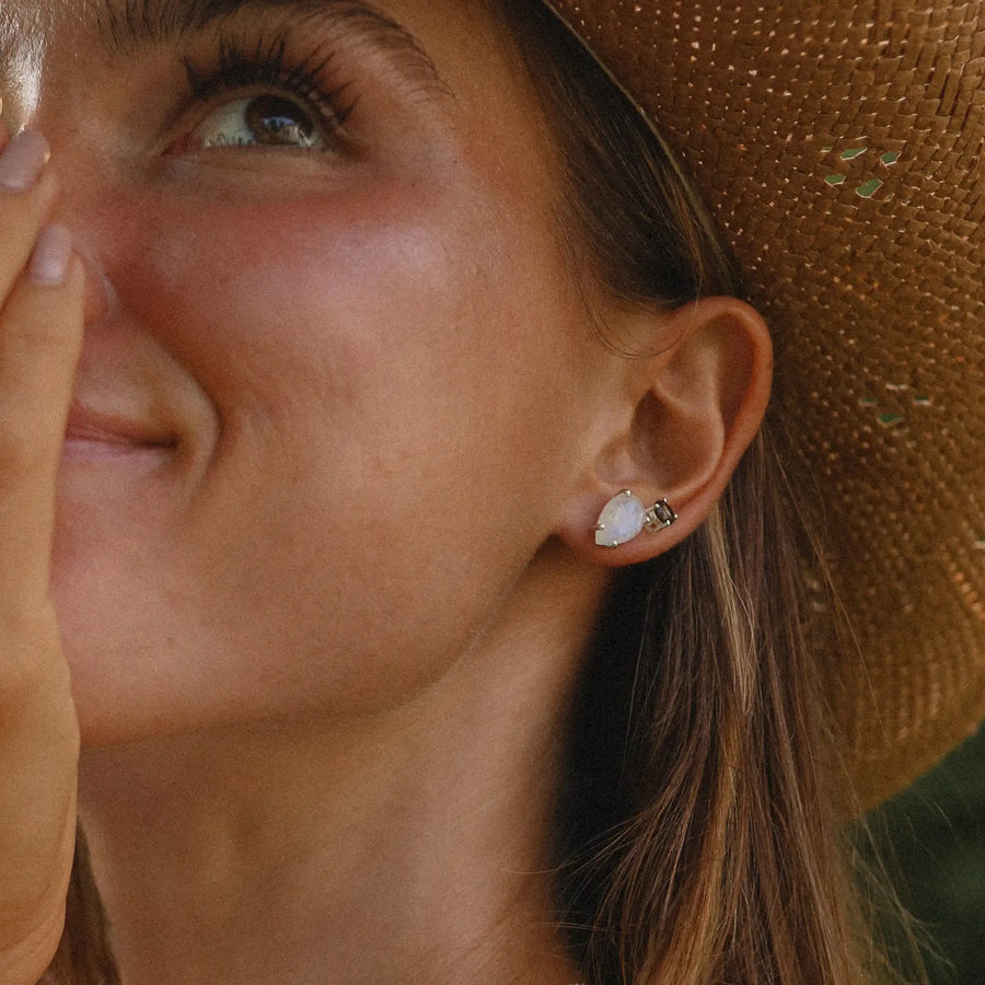 Sterling silver tear drop classic moonstone earrings being worn - moonstone jewellery by Australian jewellery brands indie and harper