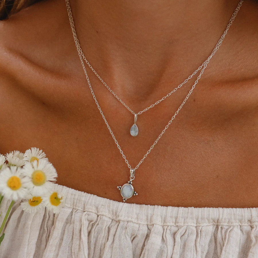 Woman wearing two sterling silver moonstone necklaces - women’s moonstone jewellery Australia by Australian jewellery brands indie and harper