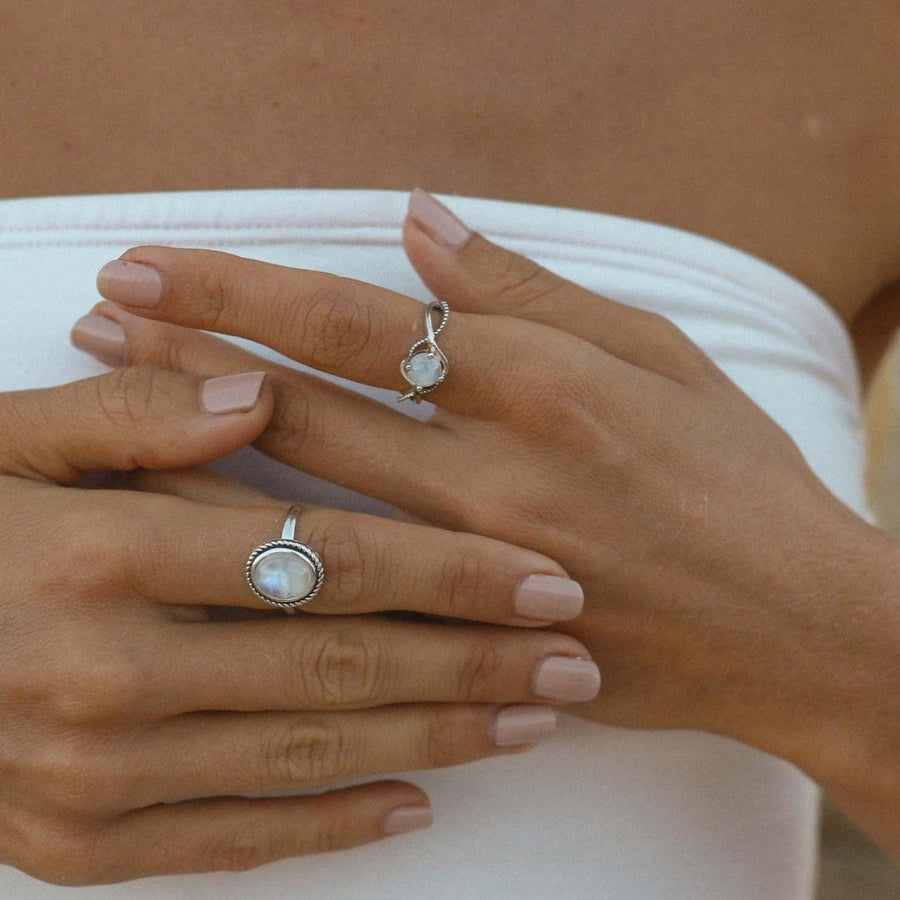 sterling silver Moonstone Rings being worn  - womens moonstone jewellery by Australian jewellery brands online indie and harper