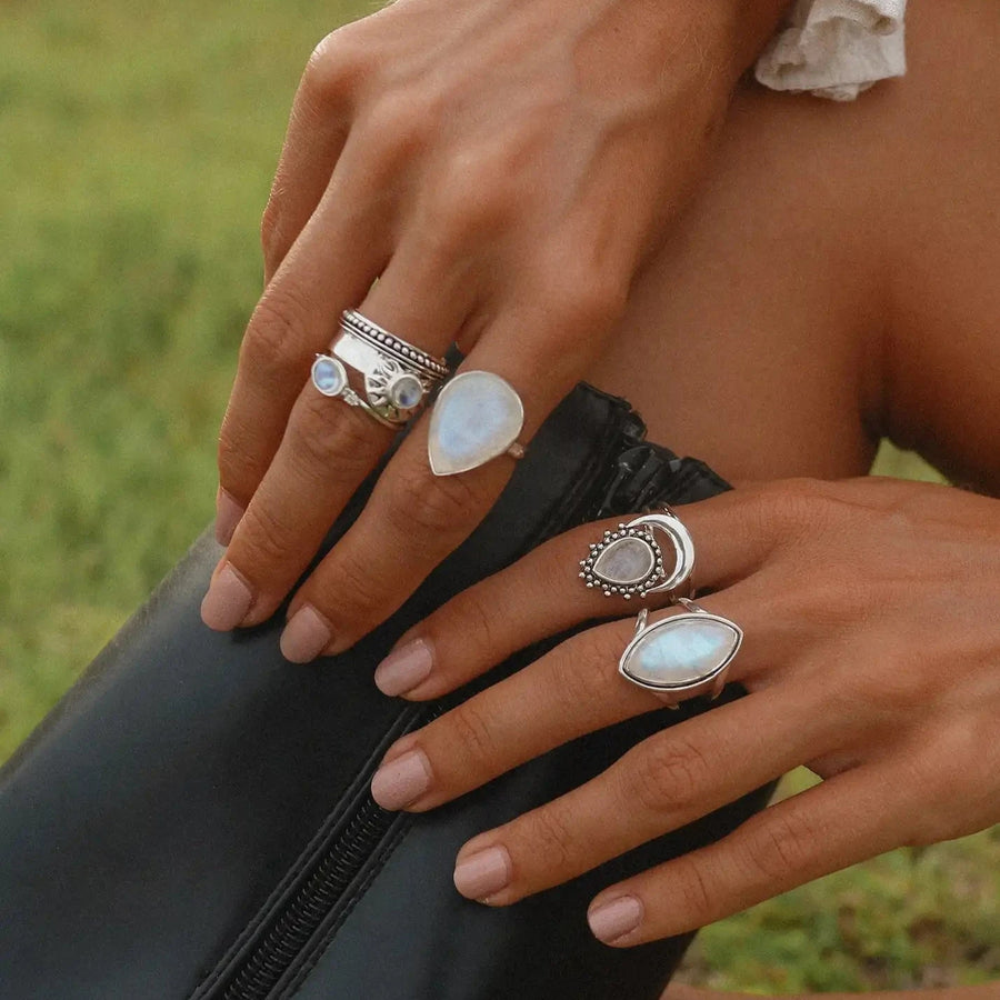 Woman wearing sterling silver moonstone rings - moonstone jewelry by australian jewellery brands online indie and harper