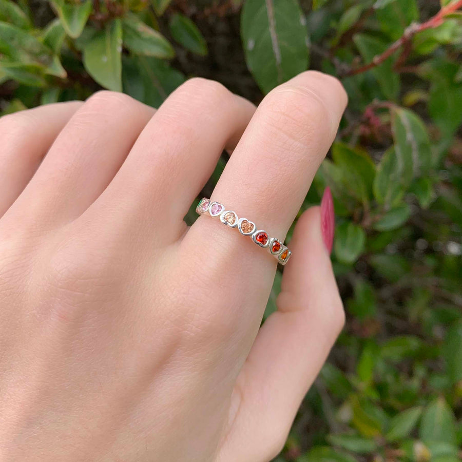 Sterling silver ring with rainbow coloured hearts - womens jewellery by Australian jewellery brands indie and harper