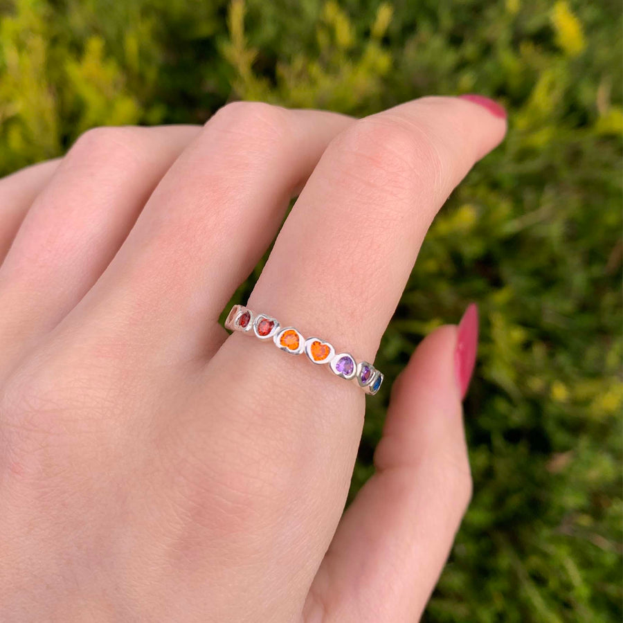 Sterling silver ring with rainbow coloured hearts - womens jewellery by Australian jewellery brands indie and harper