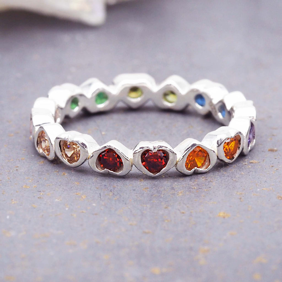 Sterling silver ring with rainbow coloured hearts - womens jewellery by Australian jewellery brands indie and harper