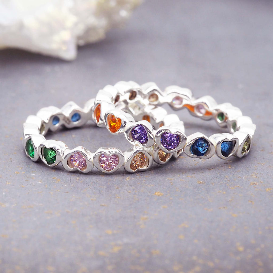 Sterling silver rings with rainbow coloured hearts - womens jewellery by Australian jewellery brands indie and harper