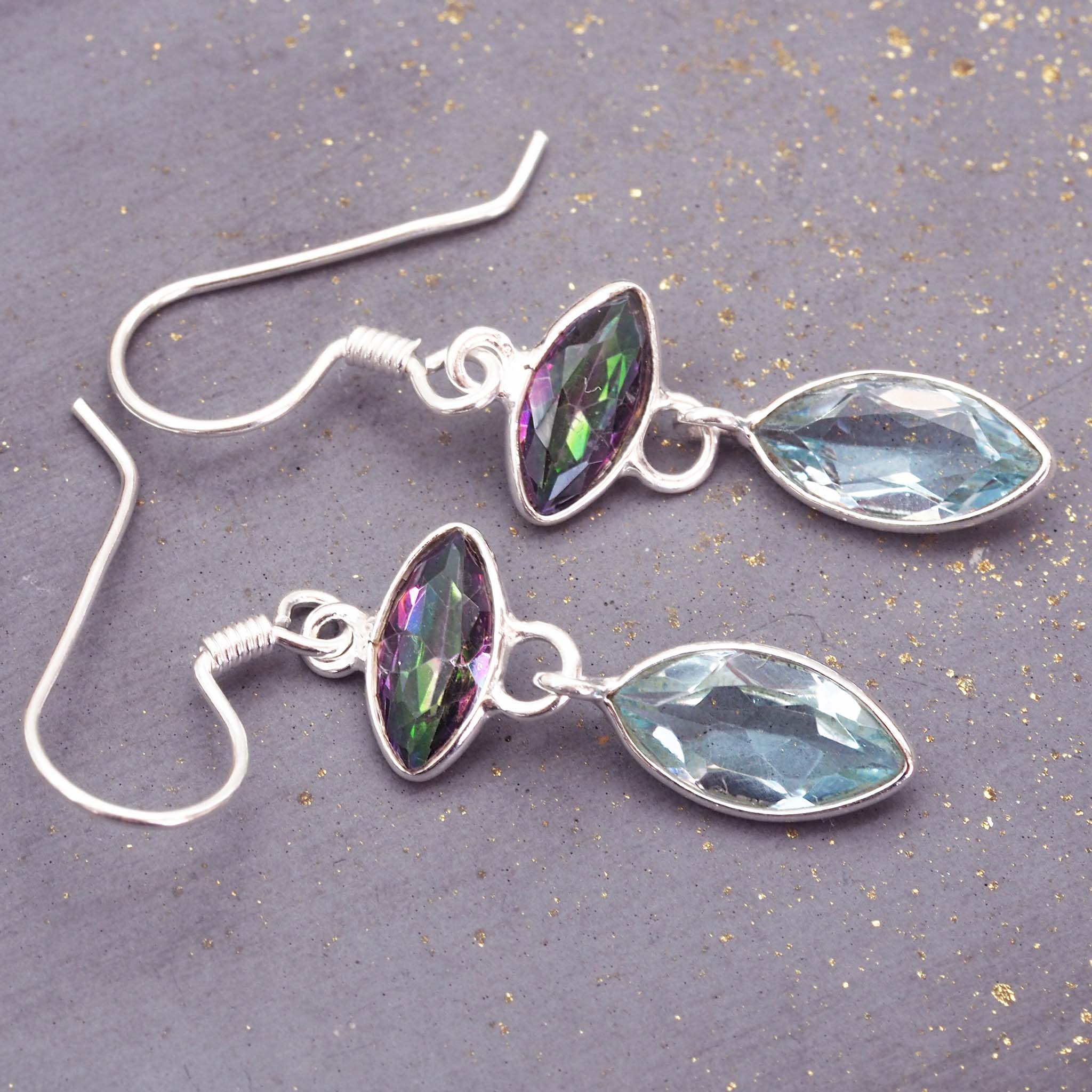 mystic quartz and blue topaz earrings - gemstone jewellery by Australian jewellery brands indie and harper