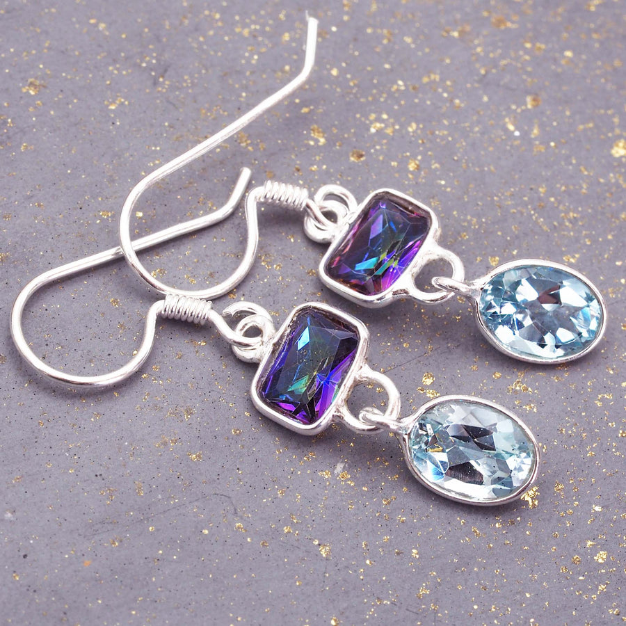 dainty mystic quartz and blue topaz earrings - blue topaz jewellery by Australian jewellery brands indie and harper