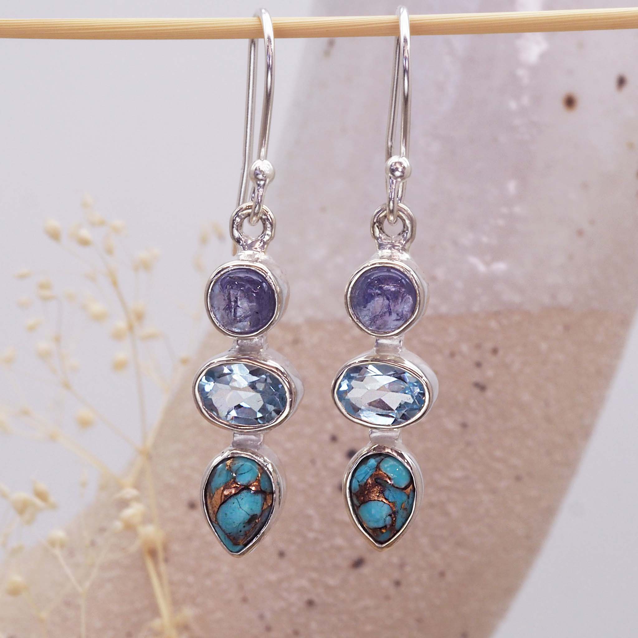 natural gemstone earrings made with tanzanite, topaz and turquoise - gemstone jewellery by Australian jewellery brands indie and harper