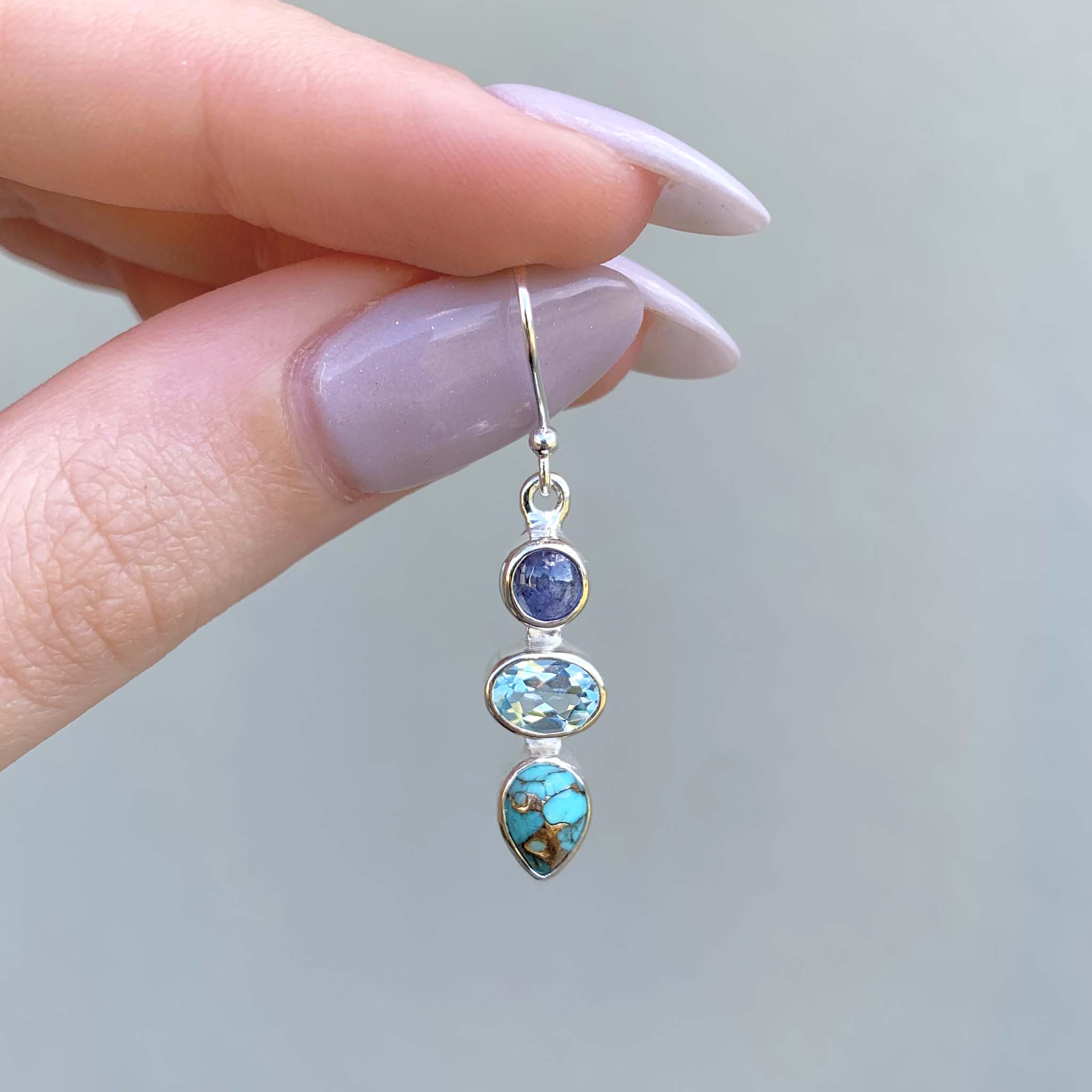 natural gemstone earrings made with tanzanite, topaz and turquoise - gemstone jewellery by Australian jewellery brands indie and harper