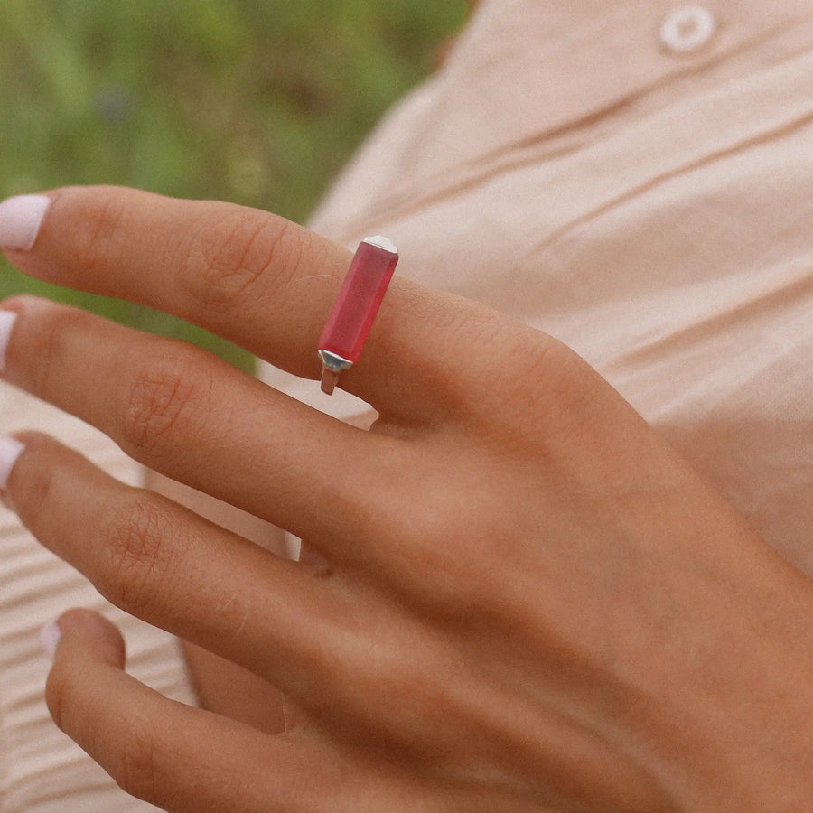 Woman wearing Natural Pink Jade Ring - womens jewellery by australian jewellery brands indie and harper