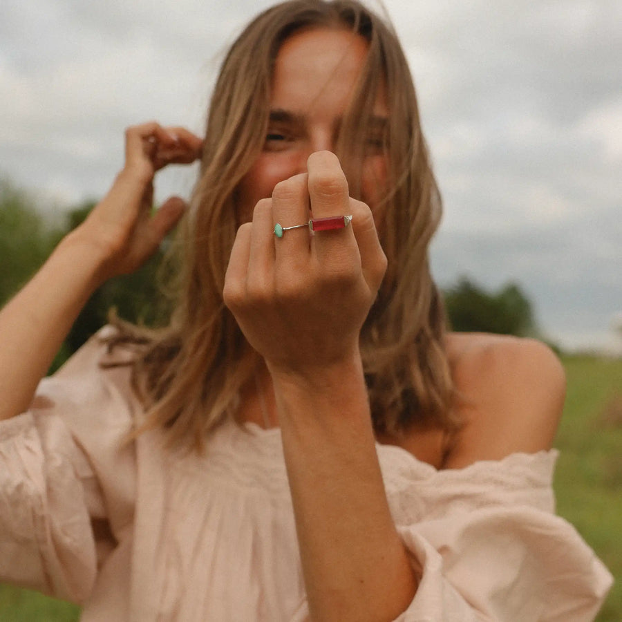 Woman wearing natural pink jade ring - womens jewellery by Australian jewellery brands indie and Harper 