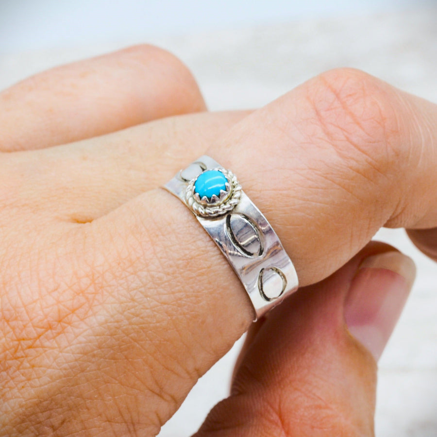 navajo hand carved sterling silver turquoise ring - native american jewelry by boho jewellery brand indie and harper