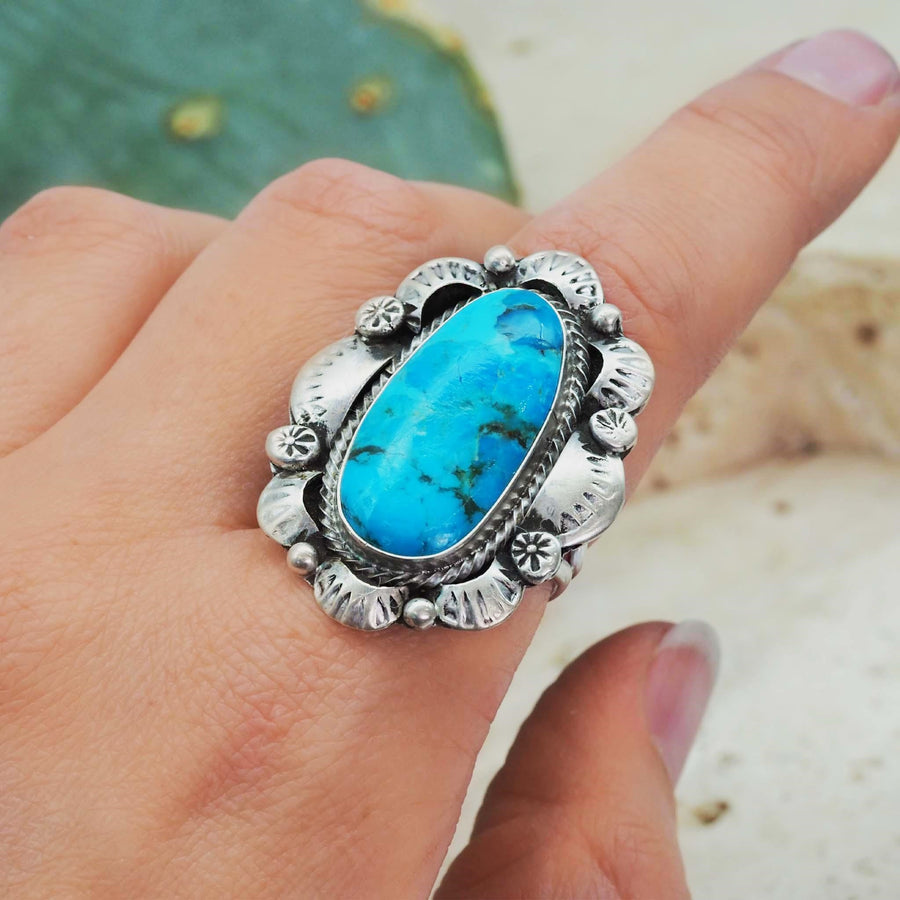 sterling silver Navajo turquoise ring being worn - Native American Jewelry and turquoise jewellery by womens jewelry brand indie and harper