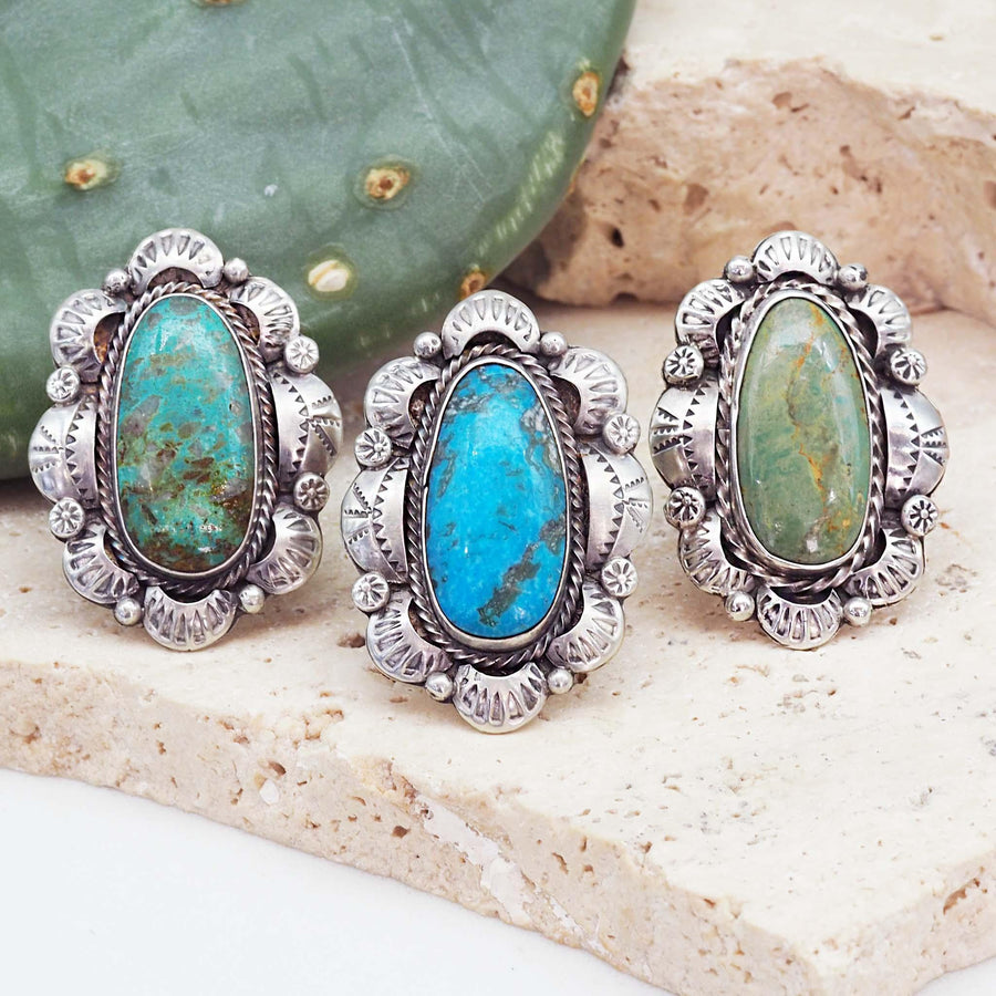 sterling silver navajo turquoise rings in blue and green colours - Native American Jewelry and turquoise jewellery by womens jewelry brand indie and harper