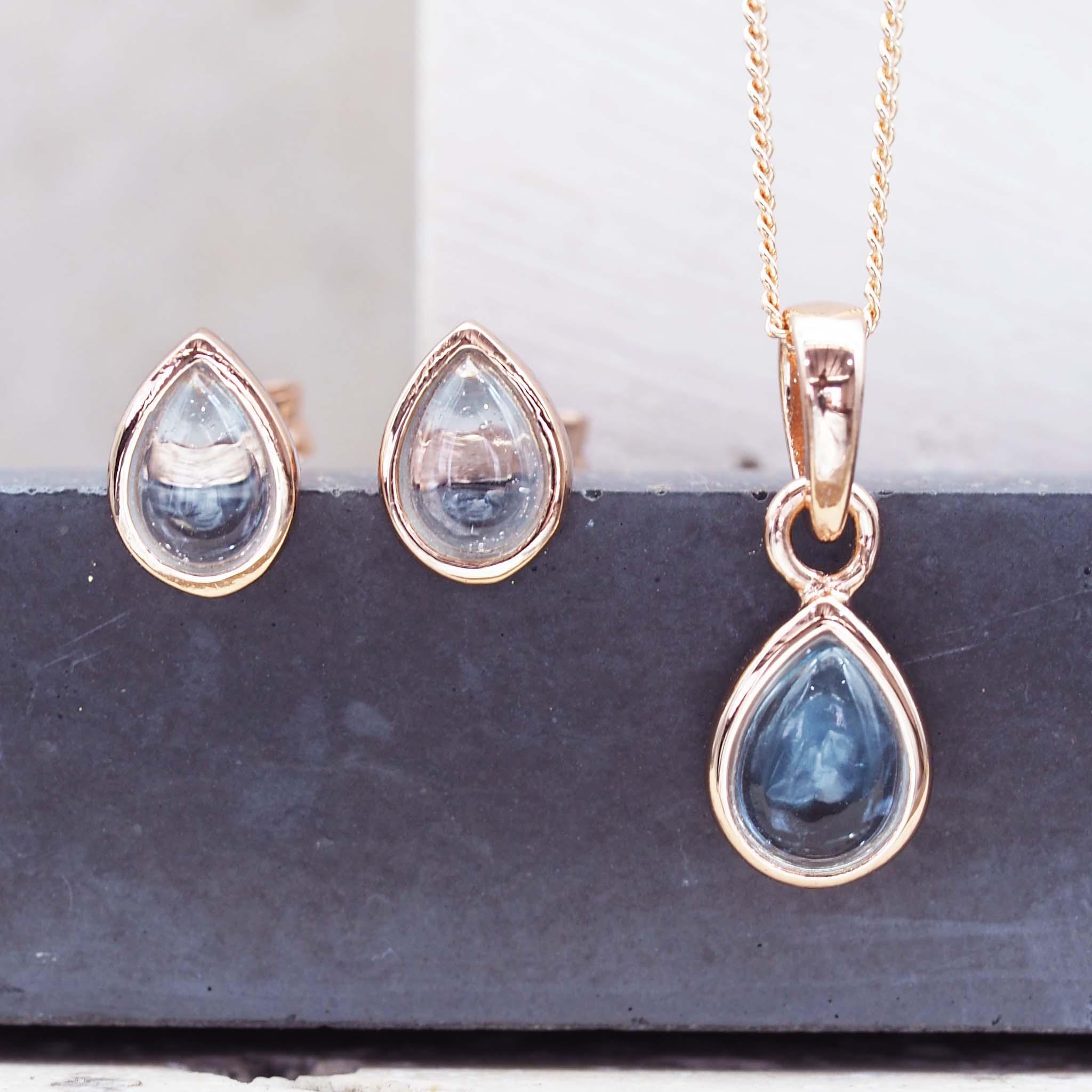 November Birthstone blue topaz earrings and blue topaz necklace - rose gold jewellery by Australian jewellery brand indie and harper