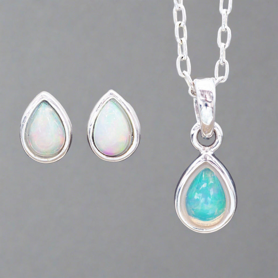 October Birthstone sterling silver opal earrings and opal necklace by australian jewellery brand indie and harper