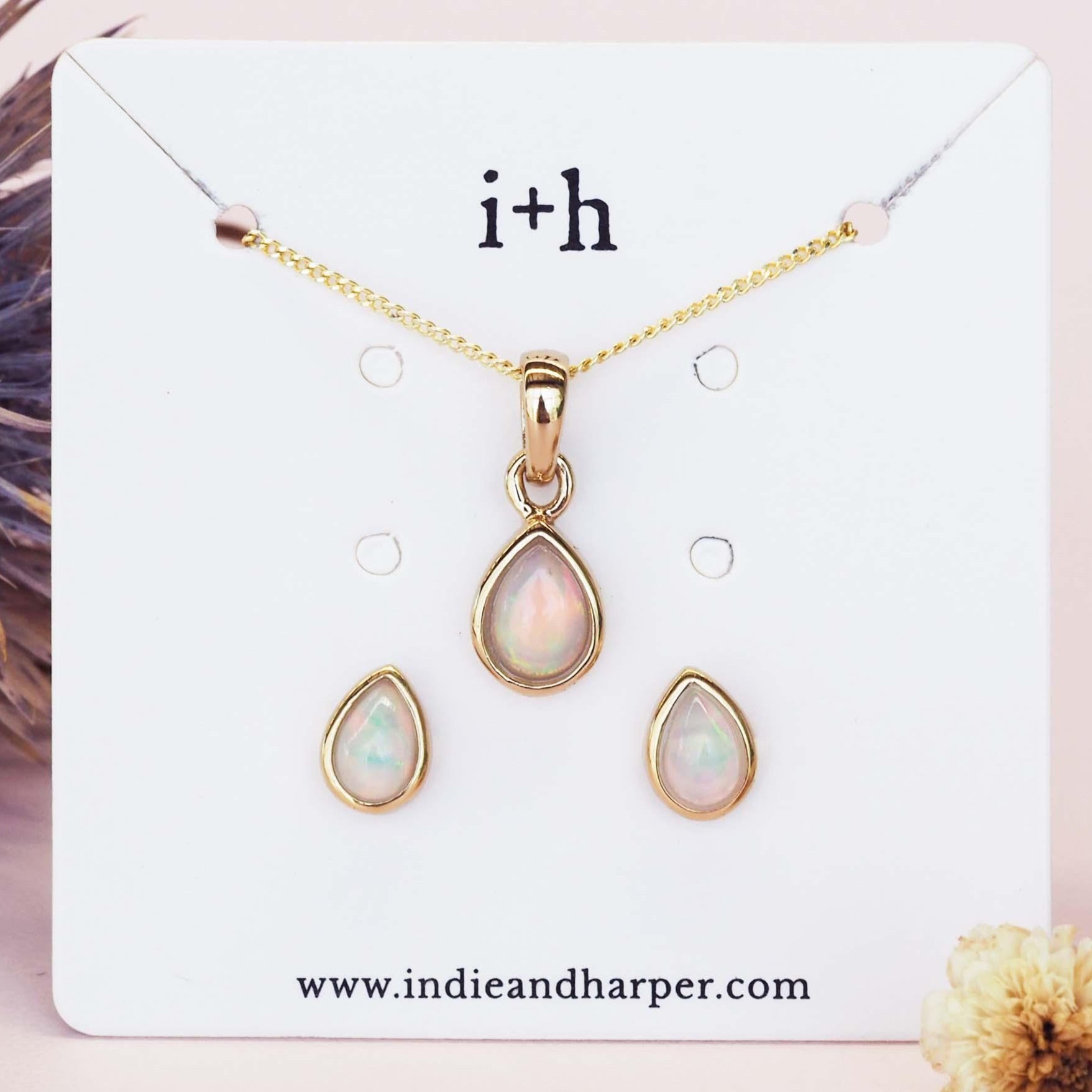 October Birthstone gold opal earrings and gold opal necklace  - womens jewellery by australian jewellery brand indie and harper