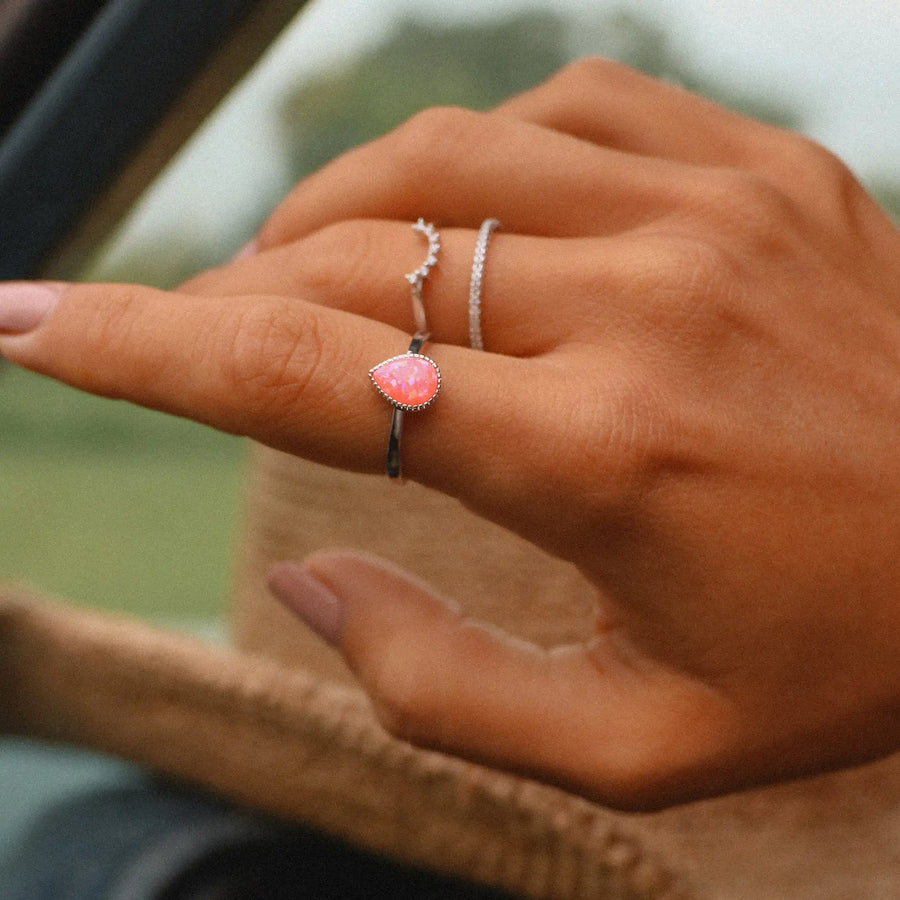 sterling silver pink opal ring being worn - promise rings and opal jewellery by australian jewellery brands online indie and Harper