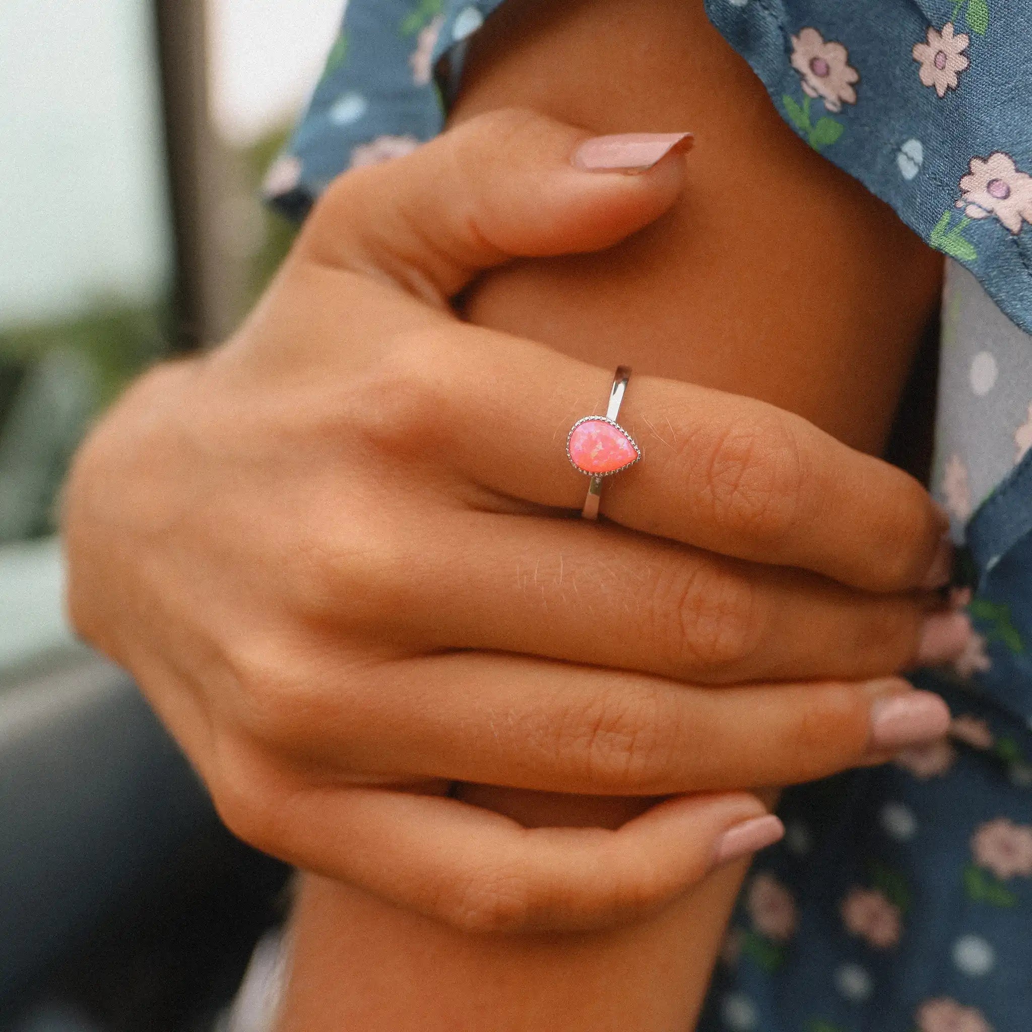 sterling silver pink opal ring being worn - promise rings and opal jewellery by australian jewellery brands online indie and Harper