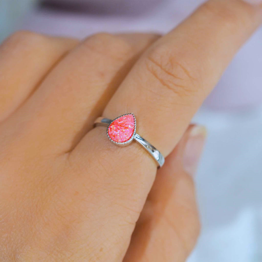 sterling silver pink opal ring being worn - promise rings and opal jewellery by australian jewellery brands online indie and Harper