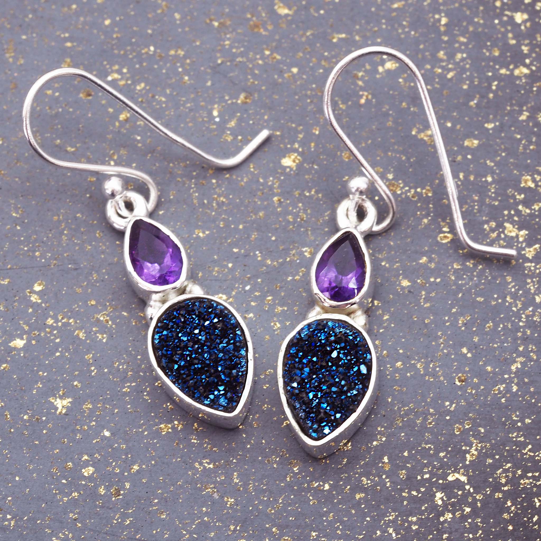 sterling silver druzy and amethyst earrings - gemstone jewellery by australian jewellery brands indie and Harper