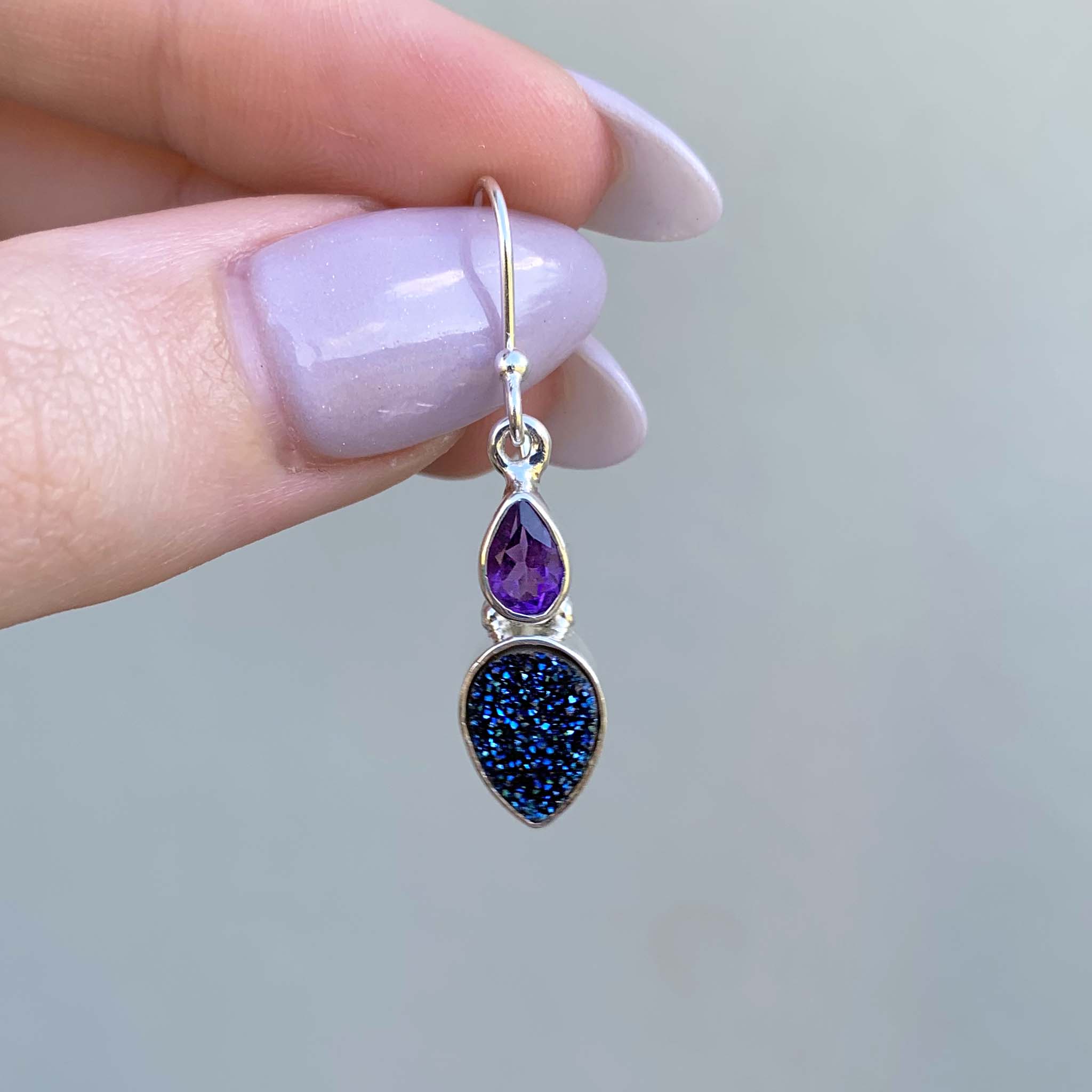 sterling silver druzy and amethyst earrings - gemstone jewellery by australian jewellery brands indie and Harper