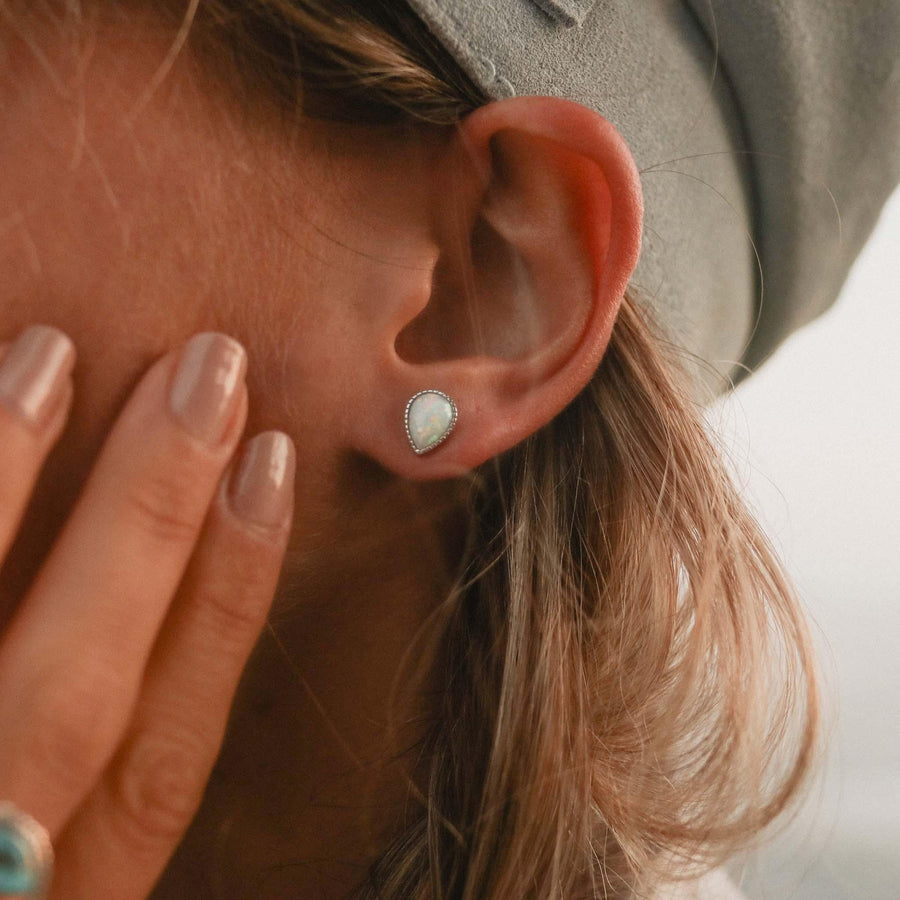 White Opal Earrings being worn - womens opal jewellery by australian jewellery brands indie and harper