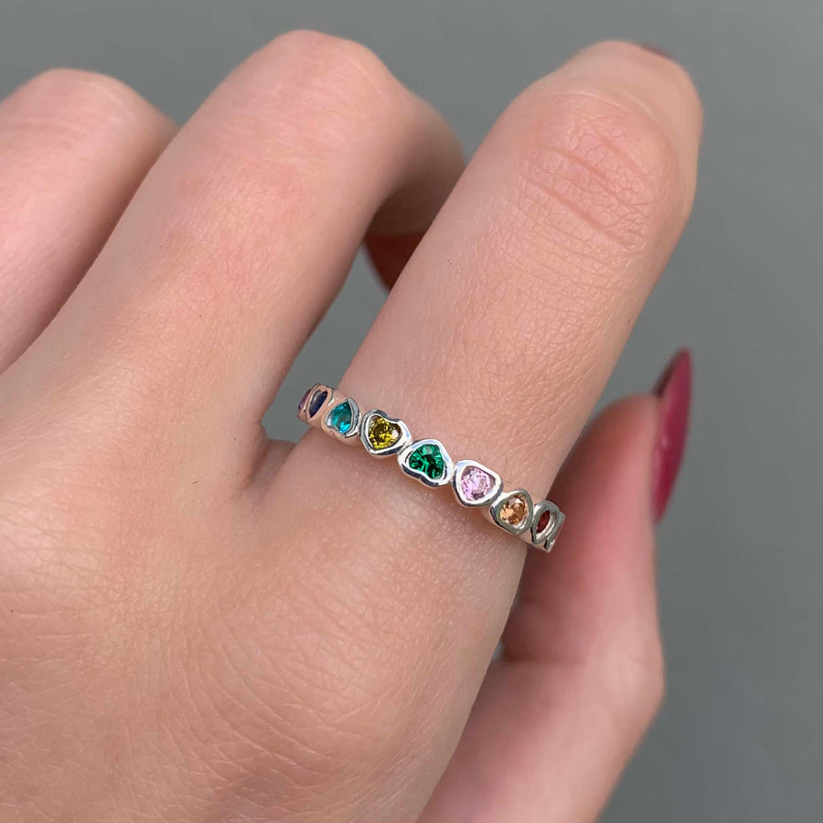 rainbow heart ring on finger - sterling silver rings by Australian jewellery brands indie and Harper