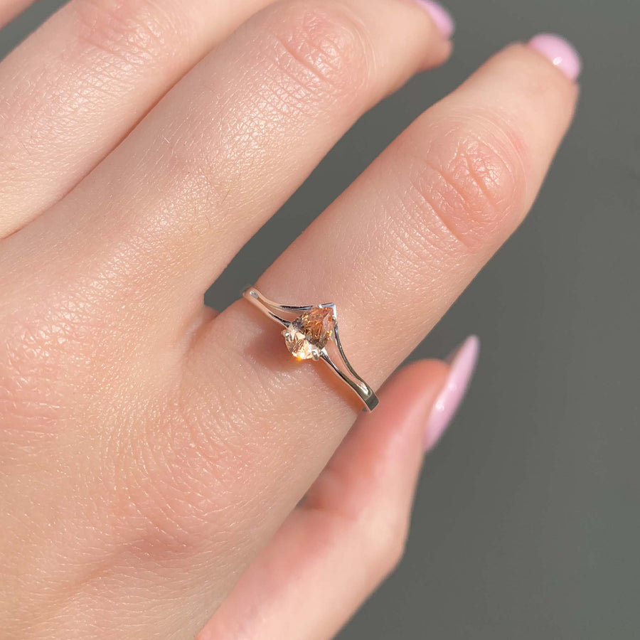 raindrop chevron ring - sterling silver ring with dainty peach cubic zirconia in a classic chevron design - dainty women's jewellery by indie and harper