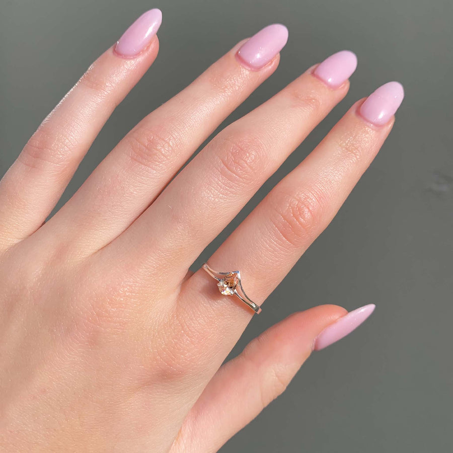 raindrop chevron ring - dainty sterling silver ring with raindrop peach coloured cubic zirconia - women's jewellery online by indie and harper