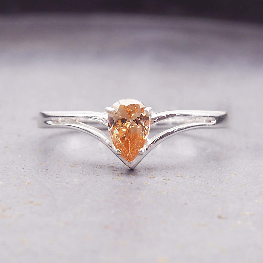 raindrop chevron ring - classic chevron design with peach coloured cubic zirconia gemstone - women's rings by online jewellery brand indie and harper